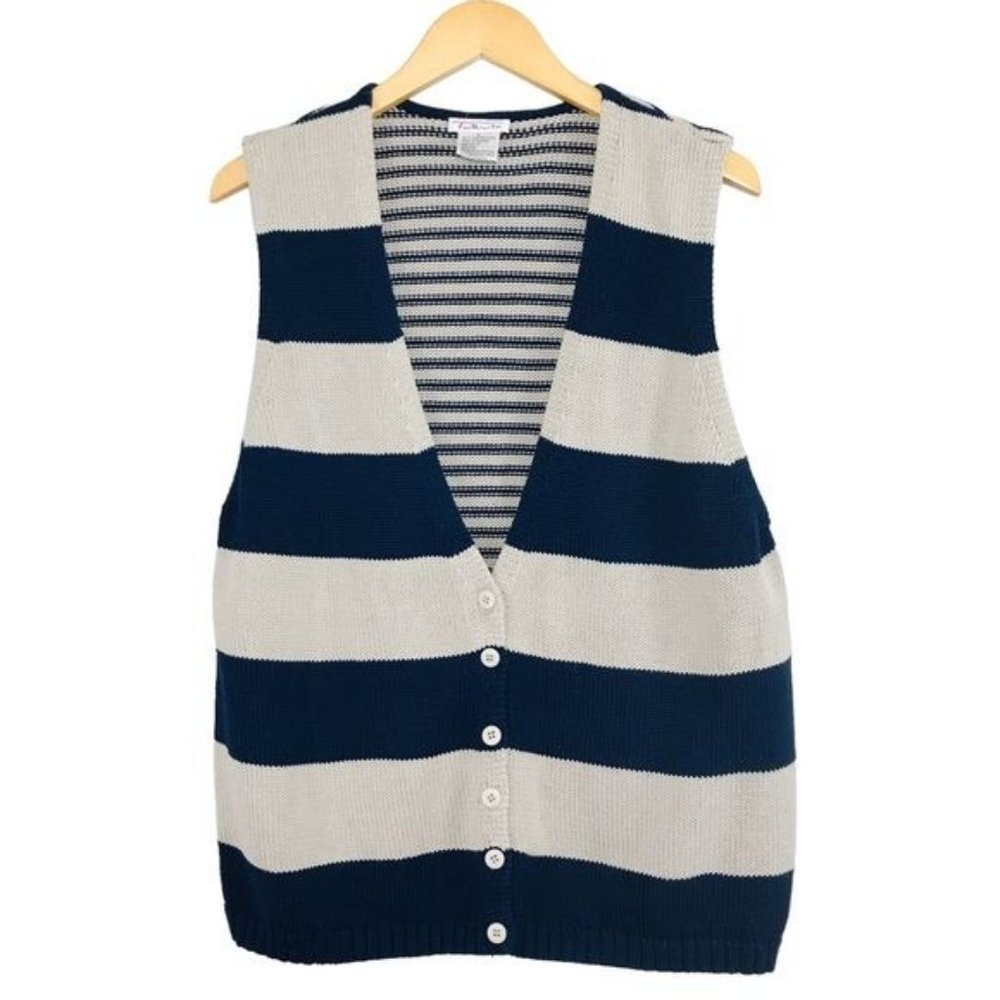 Talbots Knit Cardigan Navy Cream Cotton Sleeveless Striped Size Large